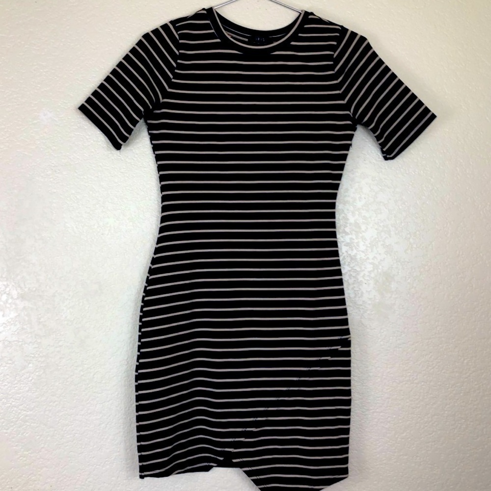 Iris Bodycon Dress With Black and Tan Stripes Size 1XL with asymmetrical hem NWT